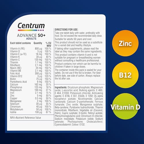 Centrum Advance 50+ Multivitamin Tablets for Men and Women, 100 Tablets, Vitamins with 24 Essential Nutrients, including Vitamin C, D, and Zinc