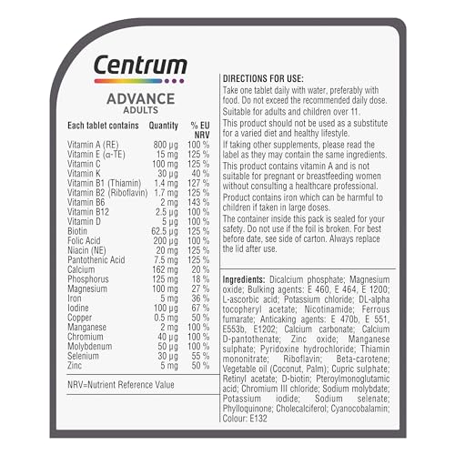Centrum Advance Multivitamin Tablets for Men and Women, 100 Tablets, Vitamins with 24 Essential Nutrients, including Vitamin C, D, and Zinc
