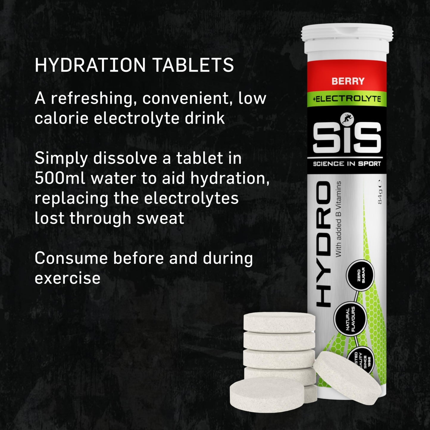 Science In Sport Hydro Hydration Tablets, Gluten-Free, Zero Sugar, Berry Flavour Plus Electrolytes, 20 Effervescent Tablets per Bottle (3 Bottles)