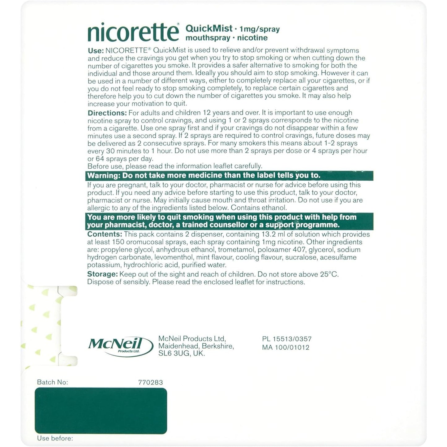 Nicorette Quick Mist Freshmint Mouth Spray 150 Sprays - Pack of 2
