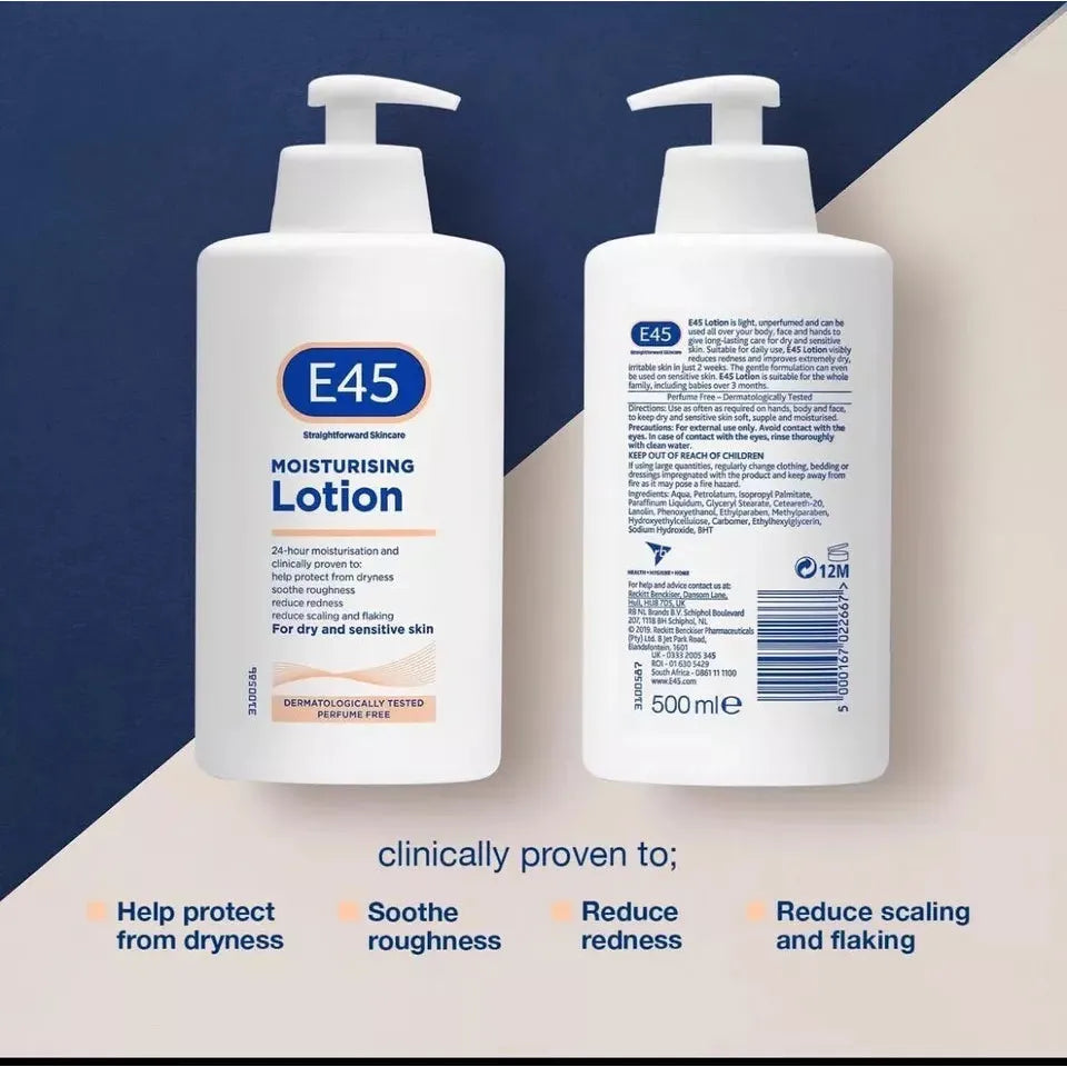 E45 Lotion Moisturiser Daily Body Pump Very Dry Sensitive Hydrated Skin 500ml